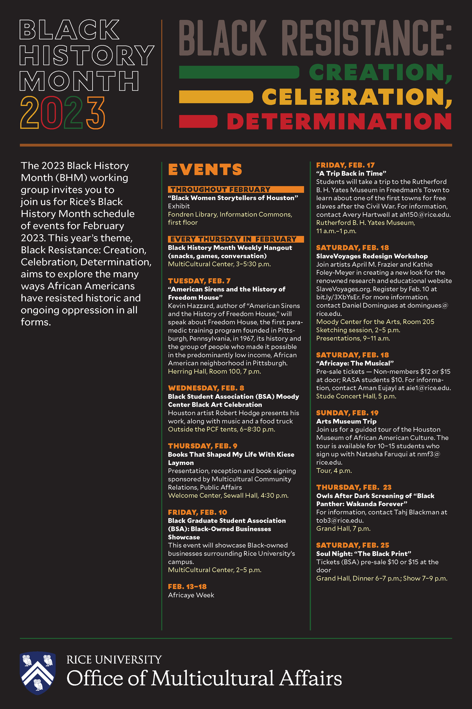 2023 Black History Month Schedule of events at Rice University.